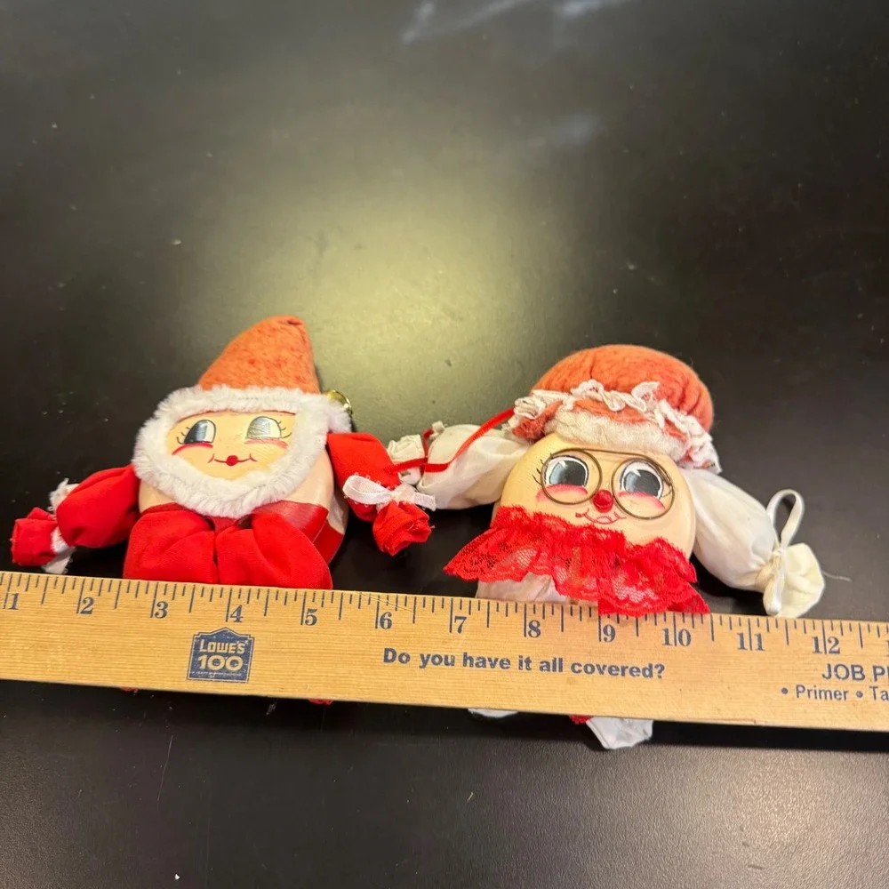 Wood Head Christmas Ornaments Shelf sitters Red White Vintage Kitschy Set